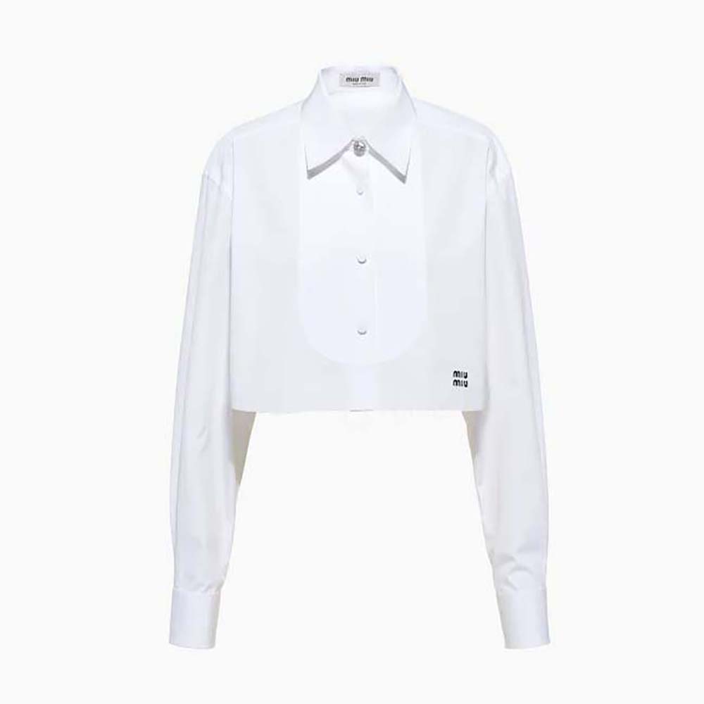 Front view of Miu Miu Women Poplin Shirt with Yarn-Embroidered Logo-White