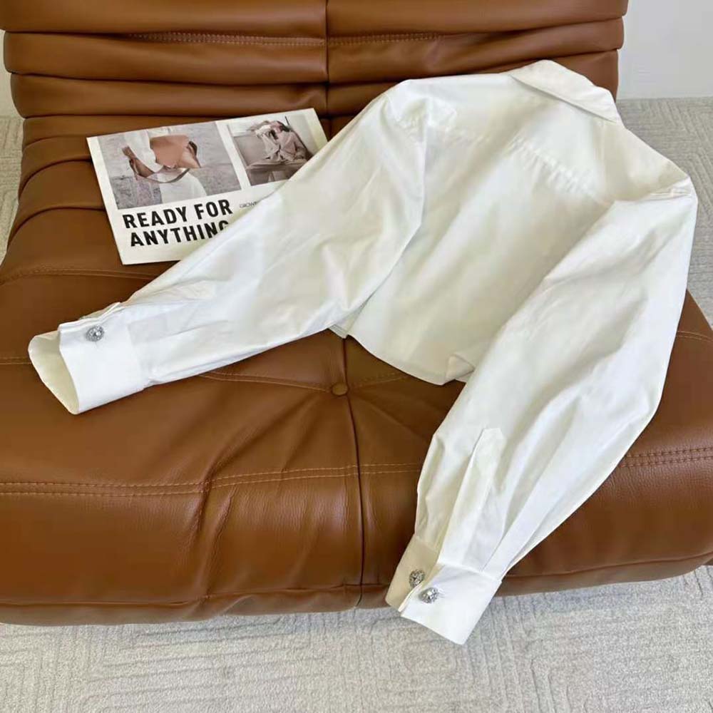 Side profile showing button closure on Miu Miu Women Poplin Shirt White