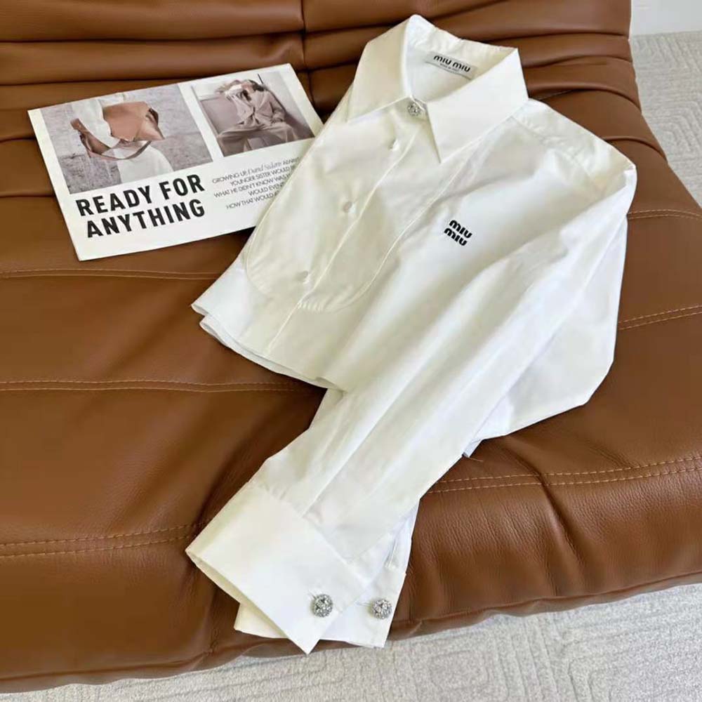 Miu Miu Women Poplin Shirt with Yarn-Embroidered Logo-White - image 4