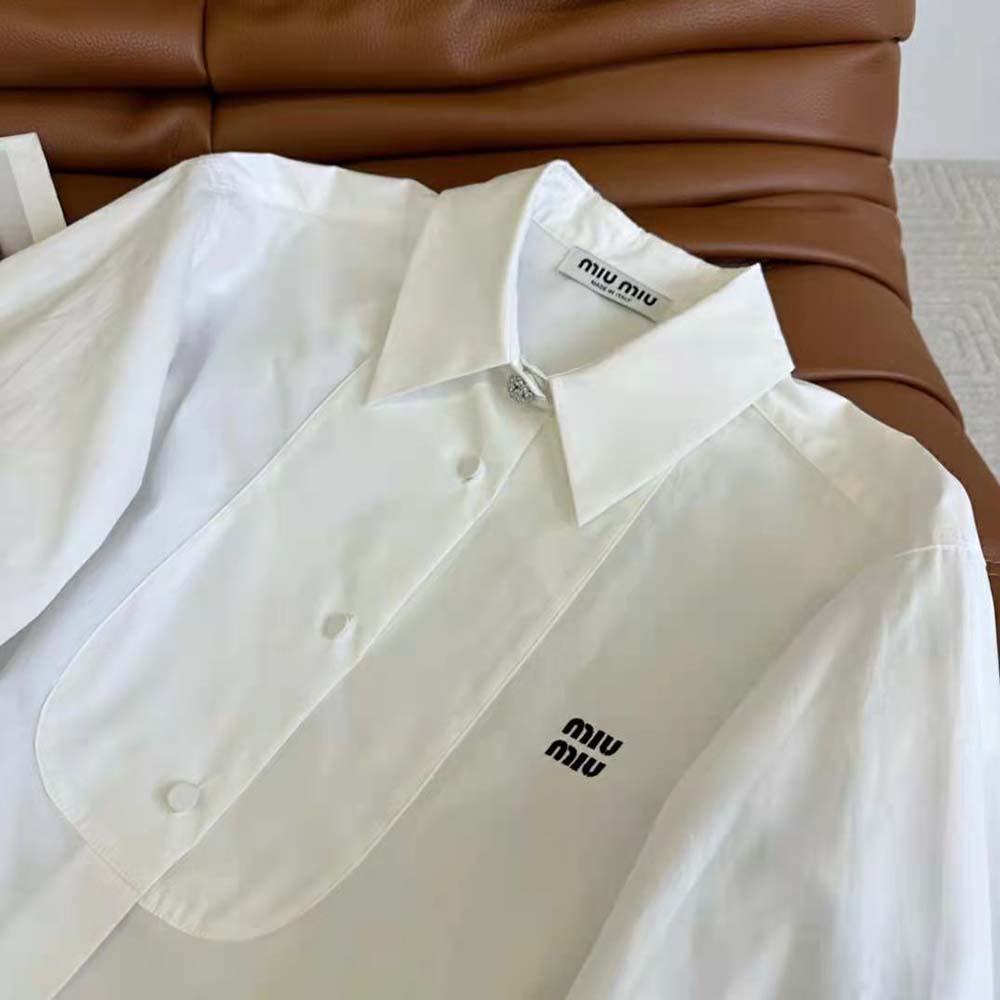Miu Miu Women Poplin Shirt with Yarn-Embroidered Logo-White - image 5