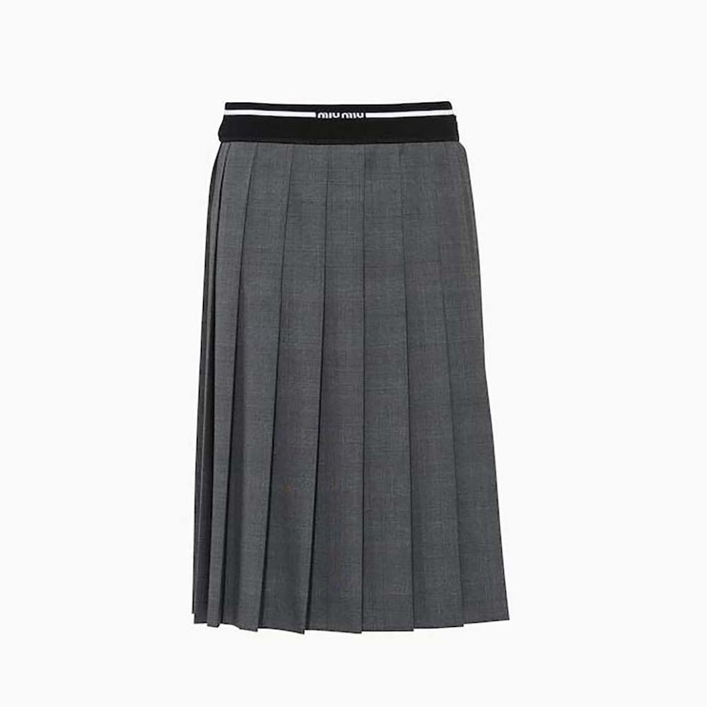 Front view of Miu Miu Women Prince of Wales Check Skirt with Intarsia Logo Knit Waistband