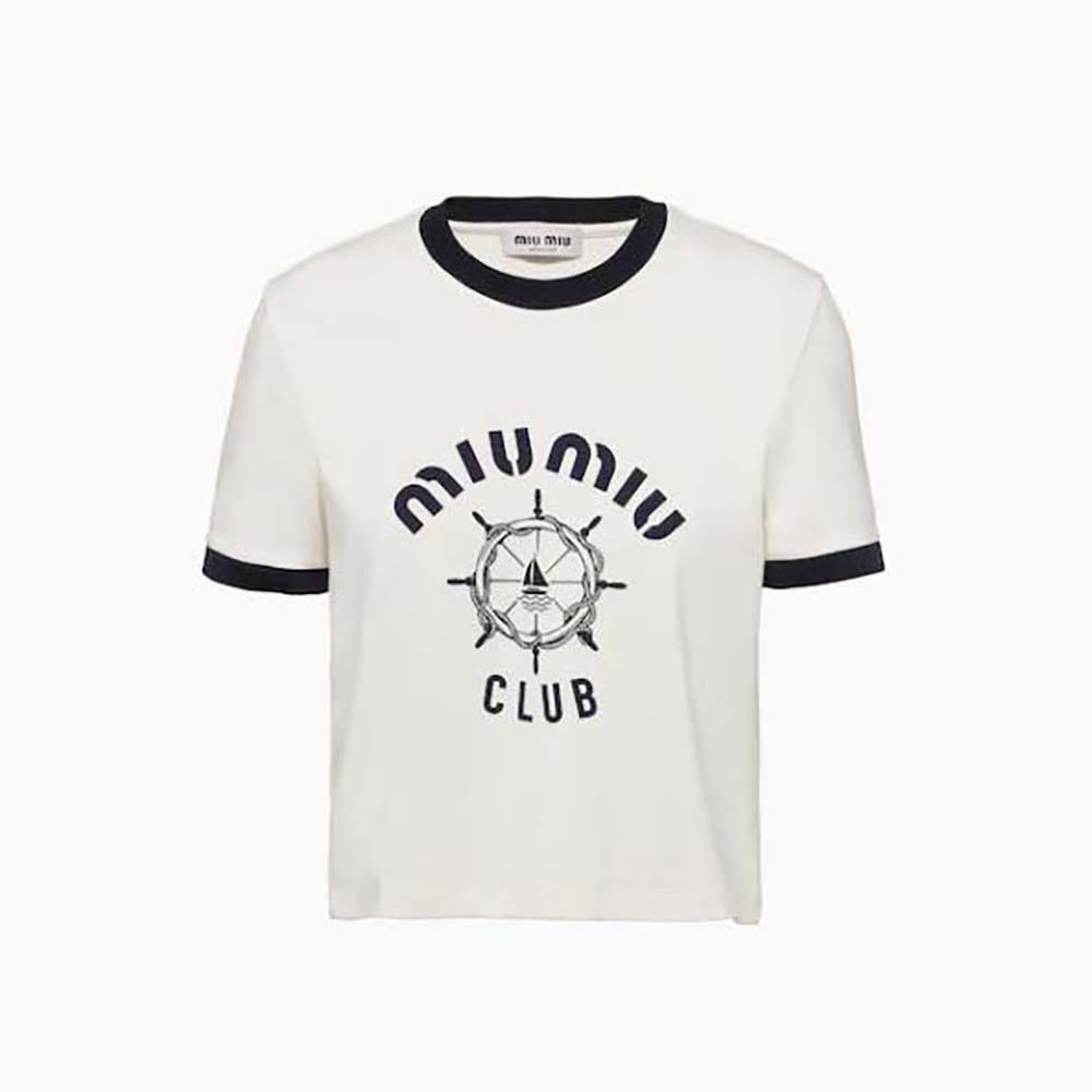 Front view of Miu Miu Women Print Jersey T-shirt with Print Logo in white