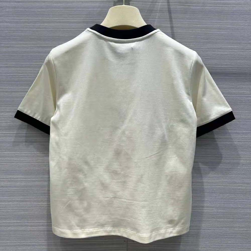 Side angle showing relaxed fit of Miu Miu Women Print Jersey T-shirt