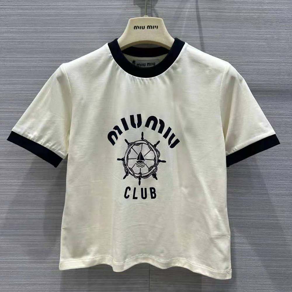 Close-up of printed Miu Miu logo detail on white jersey T-shirt