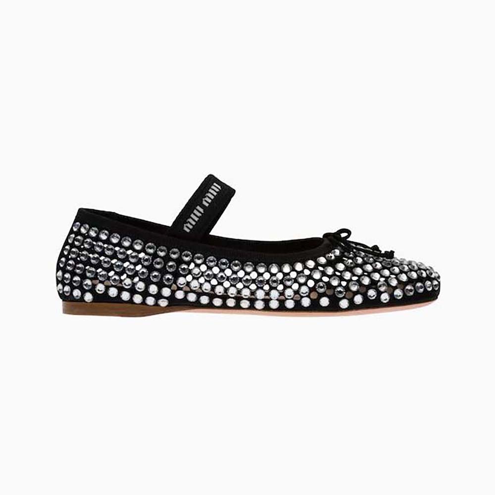 Side angle of Miu Miu Women Satin Ballerinas-Black showing silhouette