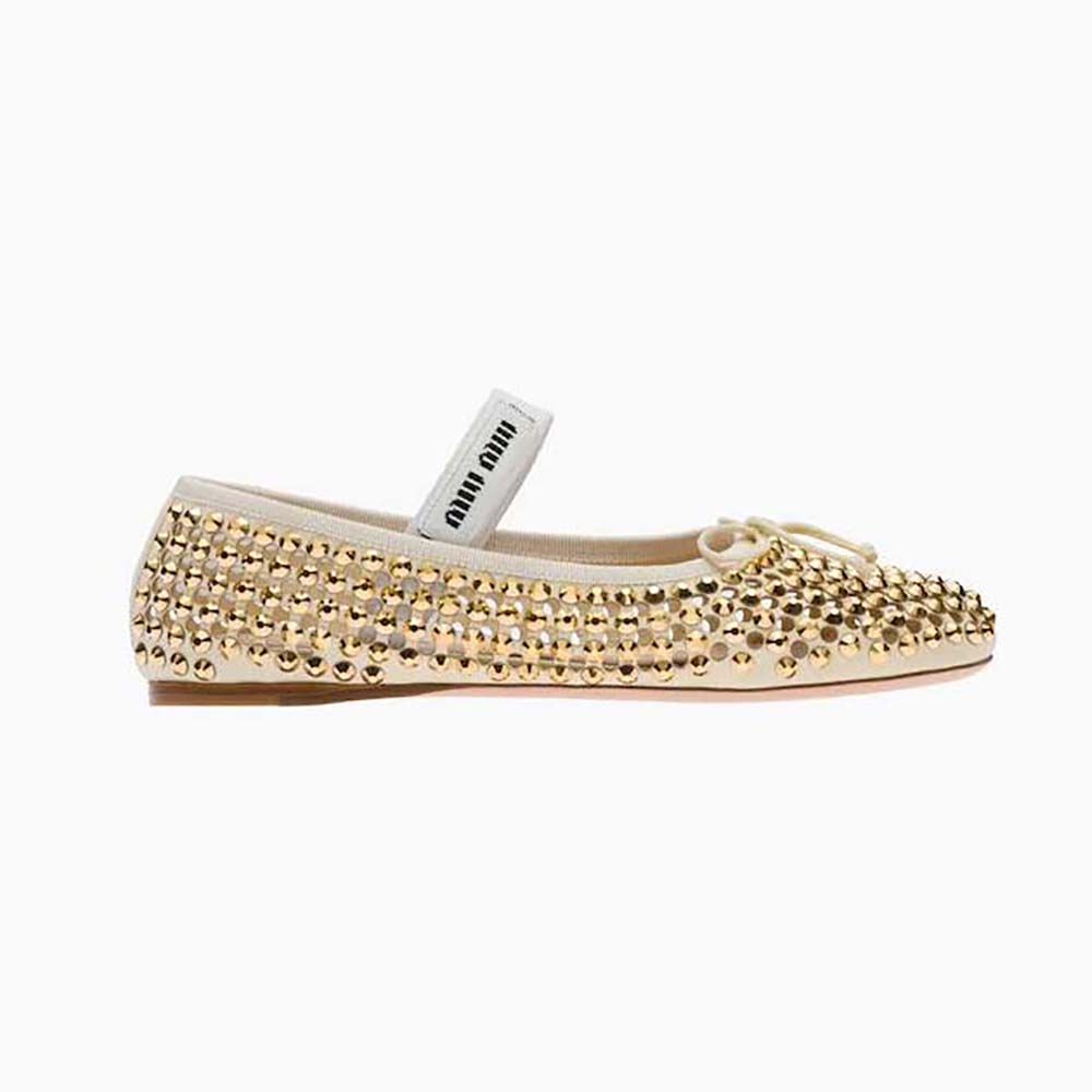 Side view of Miu Miu Women Satin Ballerinas-Gold showing sleek silhouette