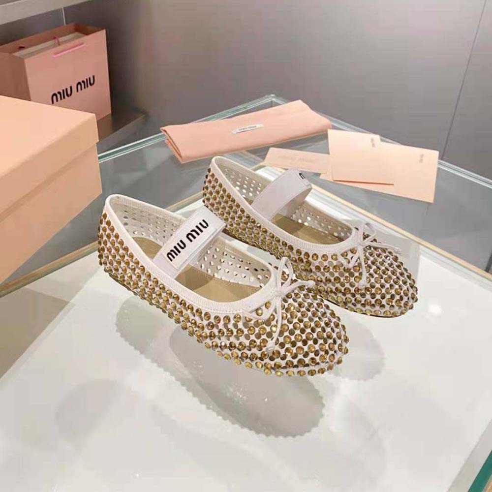 Top-down view highlighting the elastic topline on Miu Miu Women Satin Ballerinas-Gold