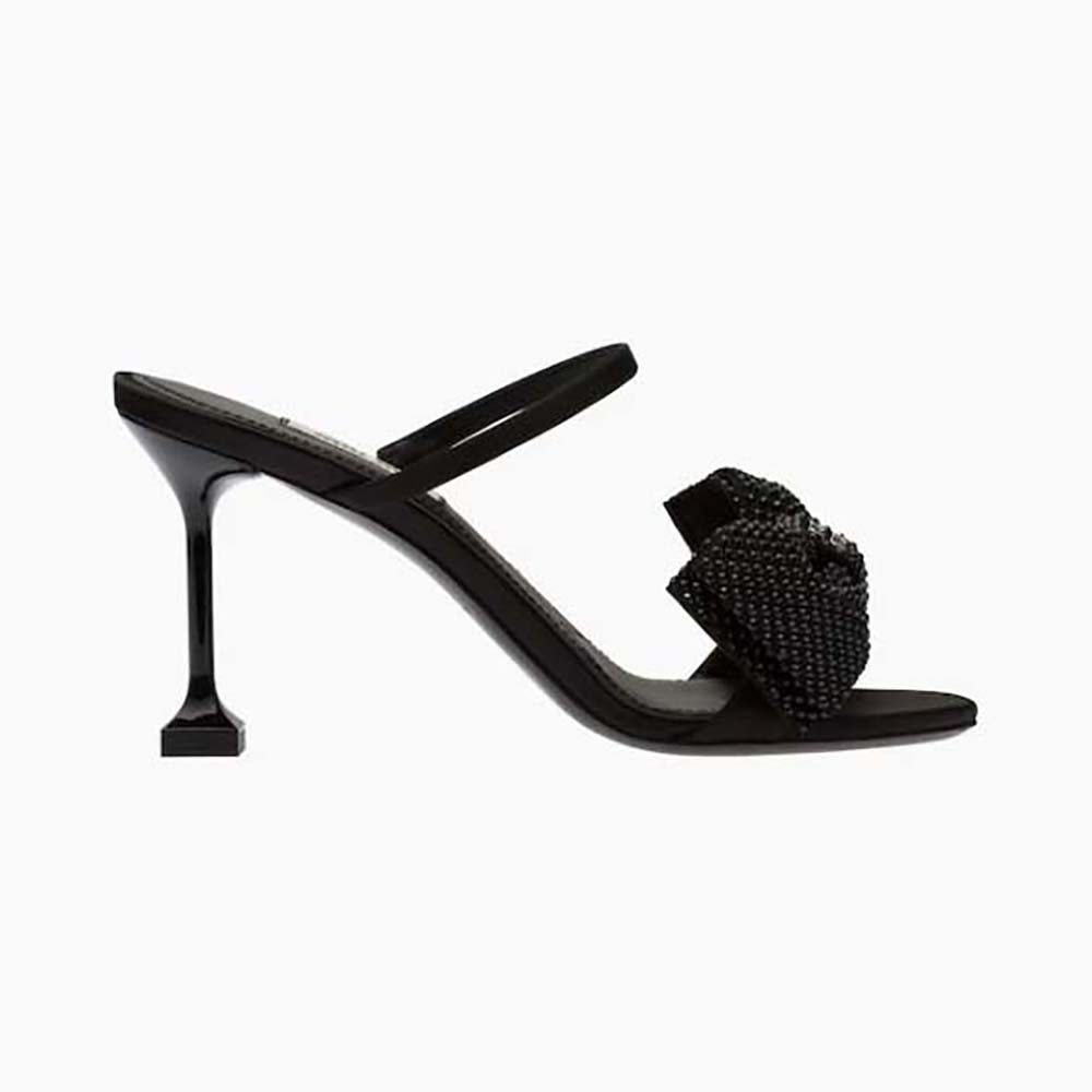 Front view of Miu Miu Women Satin Bow Sandals in Black showing heel height