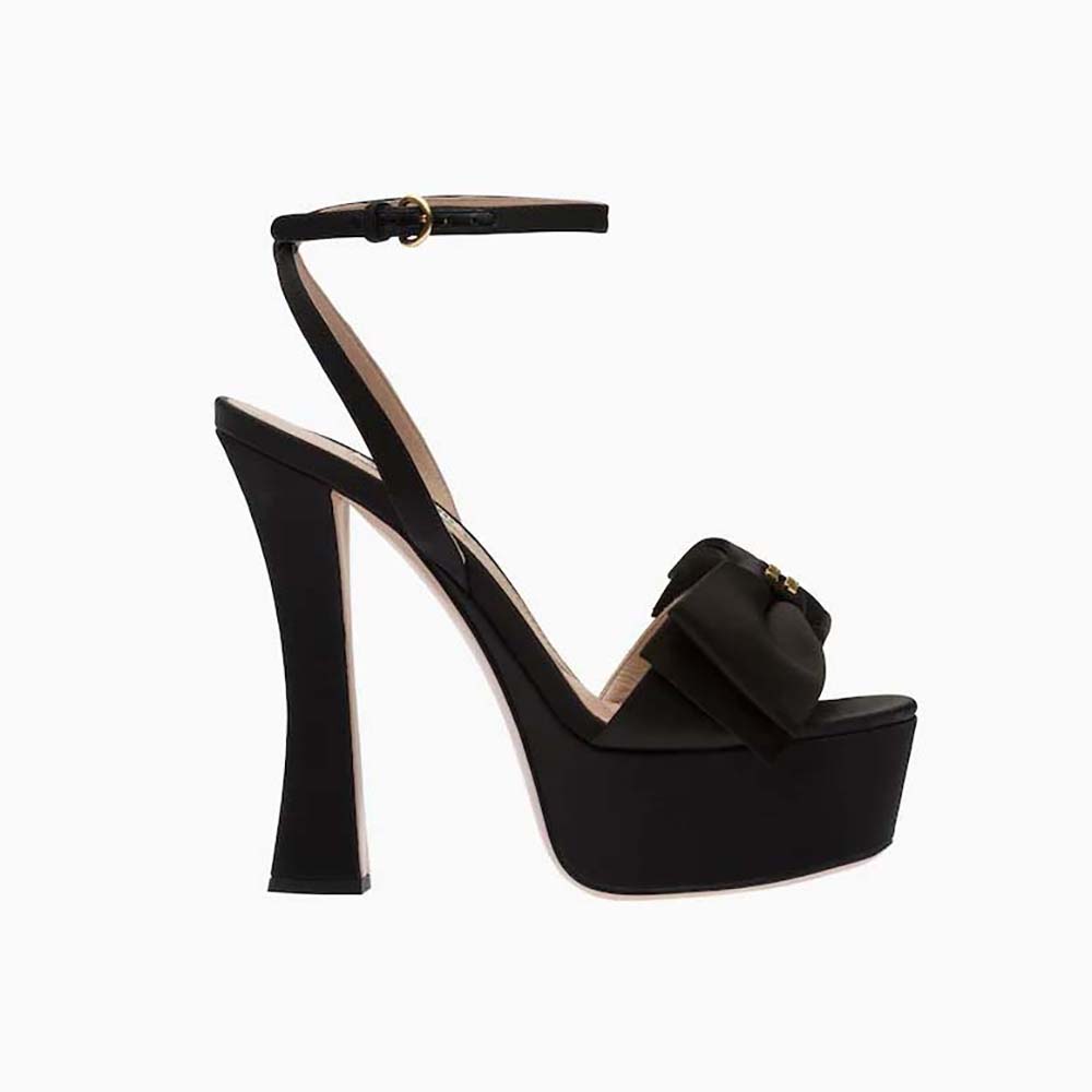 Side profile view of Miu Miu Women Satin Platform Sandals in 135mm Heel Height-Black