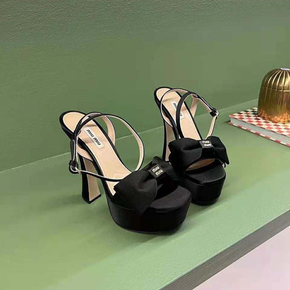 Close-up of satin texture and metallic buckle on Miu Miu Women Satin Platform Sandals