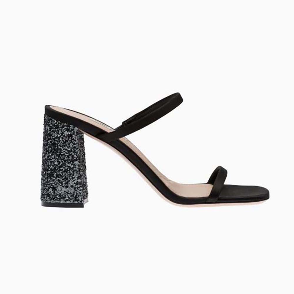 Front angle of Miu Miu Women Satin and Glitter Slides in black satin