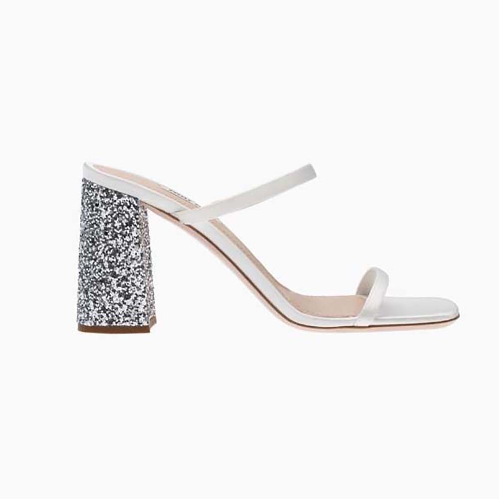 Side view of Miu Miu Women Satin and Glitter Slides in White