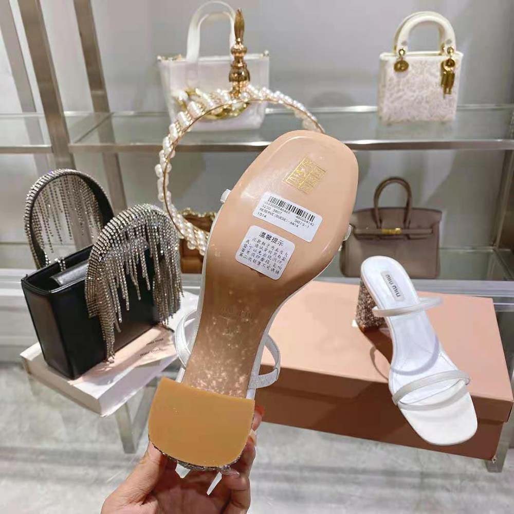 Miu Miu Women Satin and Glitter Slides in 85 mm Heel Height-White - image 10