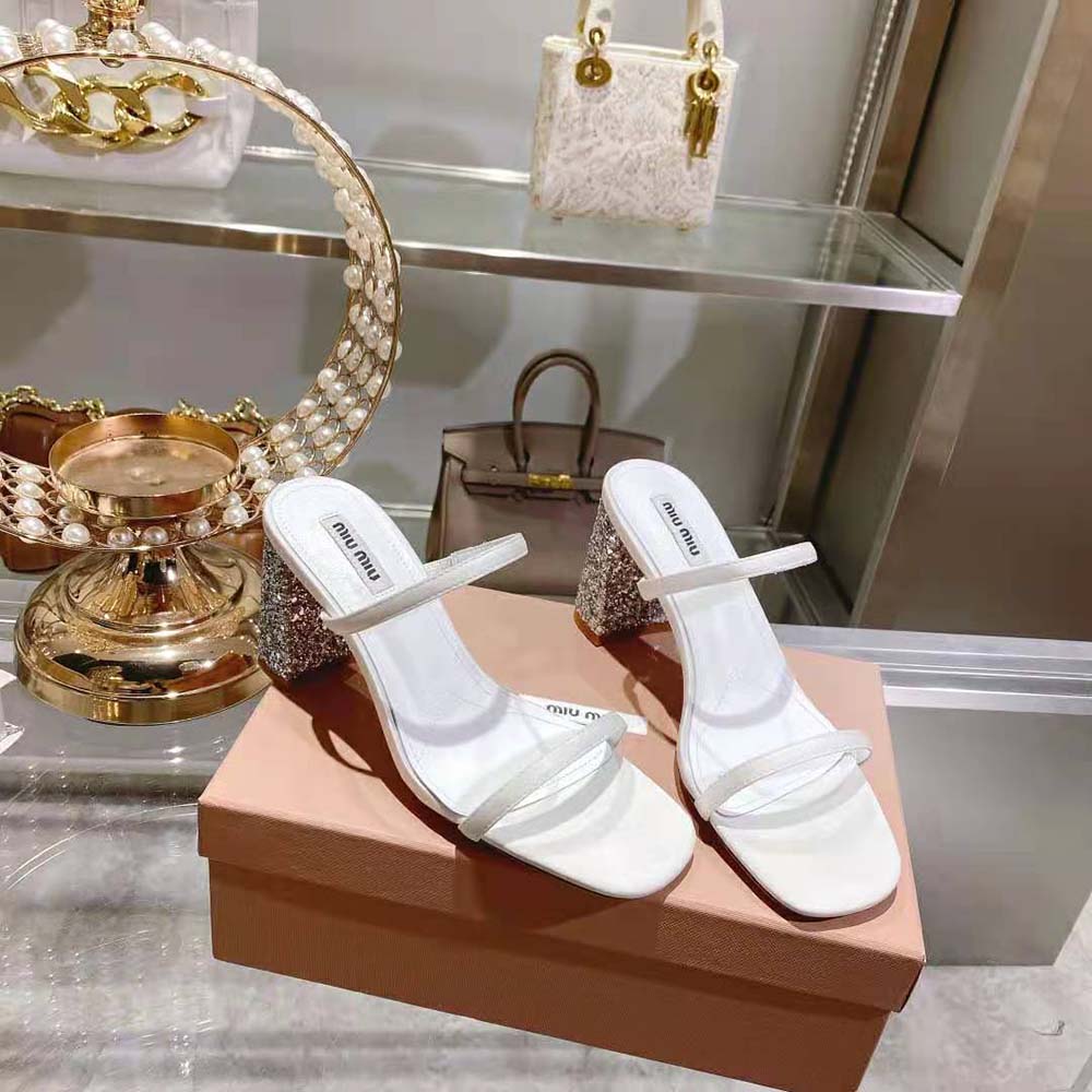Top-down angle of Miu Miu Women Satin Slides showing 85 mm heel