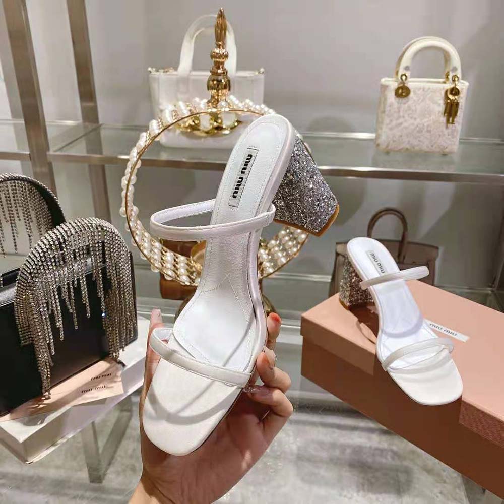 Miu Miu Women Satin and Glitter Slides in 85 mm Heel Height-White - image 5