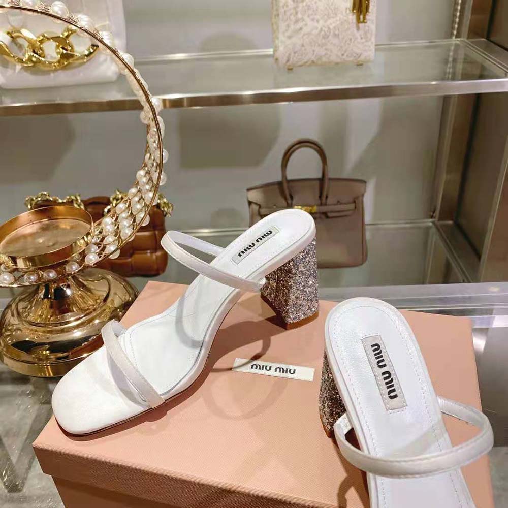 Miu Miu Women Satin and Glitter Slides in 85 mm Heel Height-White - image 7