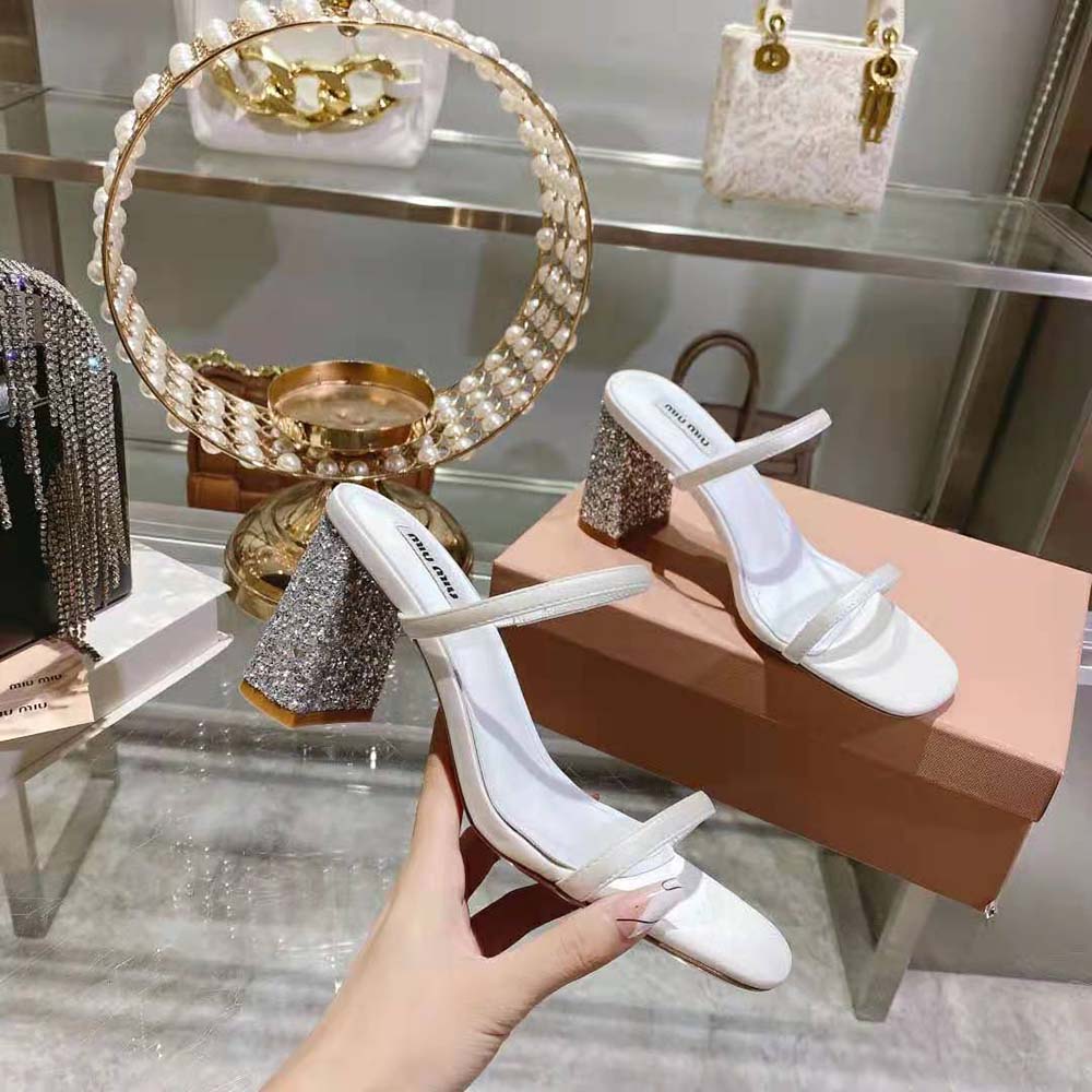 Miu Miu Women Satin and Glitter Slides in 85 mm Heel Height-White - image 6