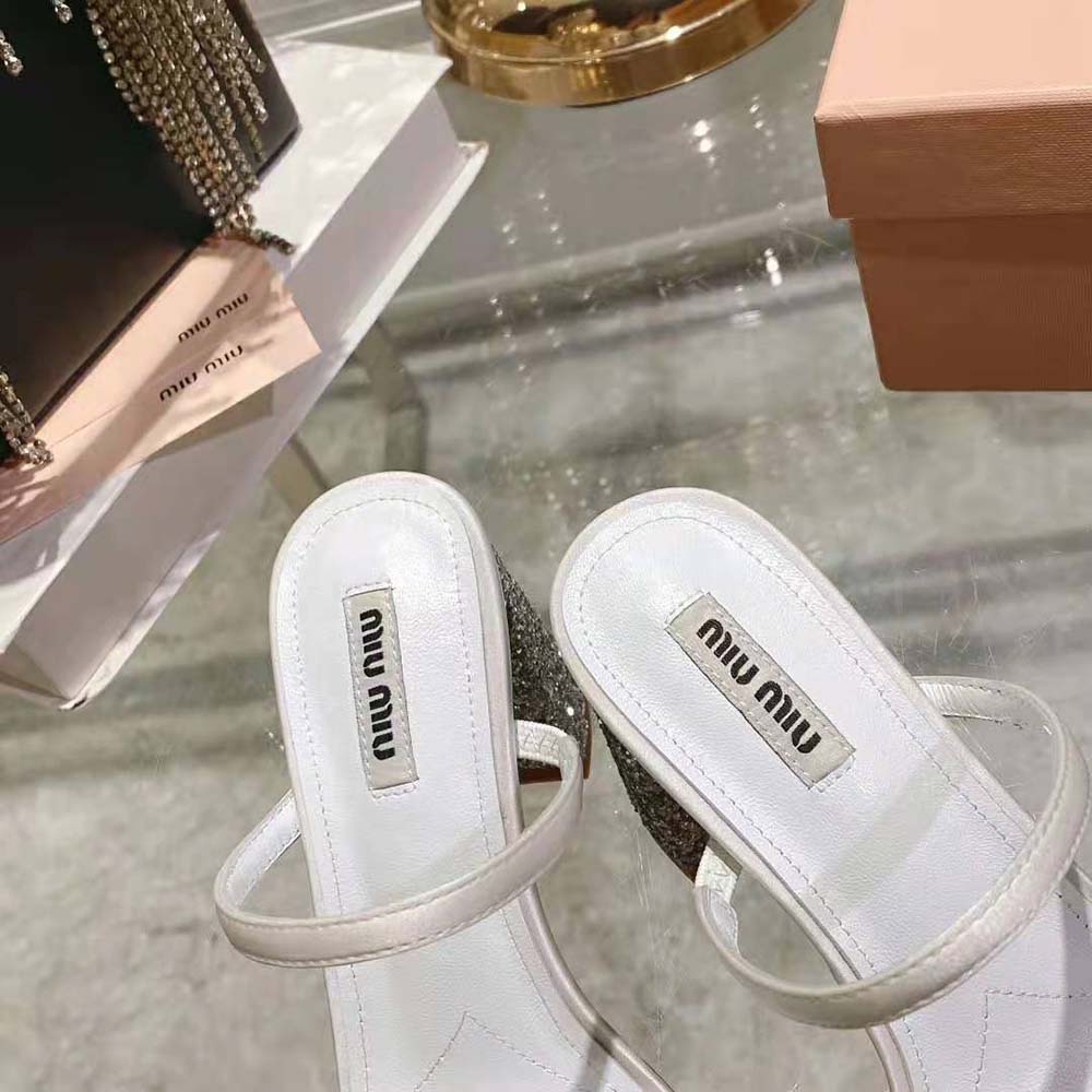 Miu Miu Women Satin and Glitter Slides in 85 mm Heel Height-White - image 8