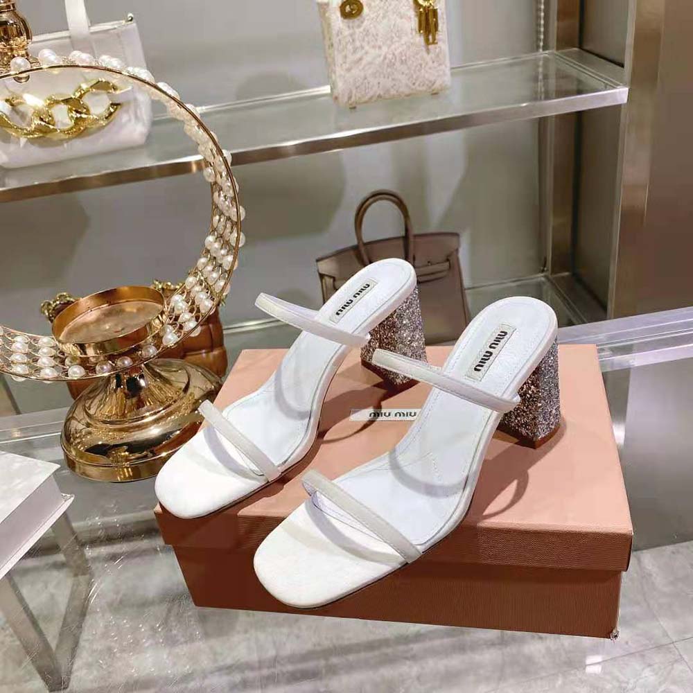 Miu Miu Women Satin and Glitter Slides in 85 mm Heel Height-White - image 4