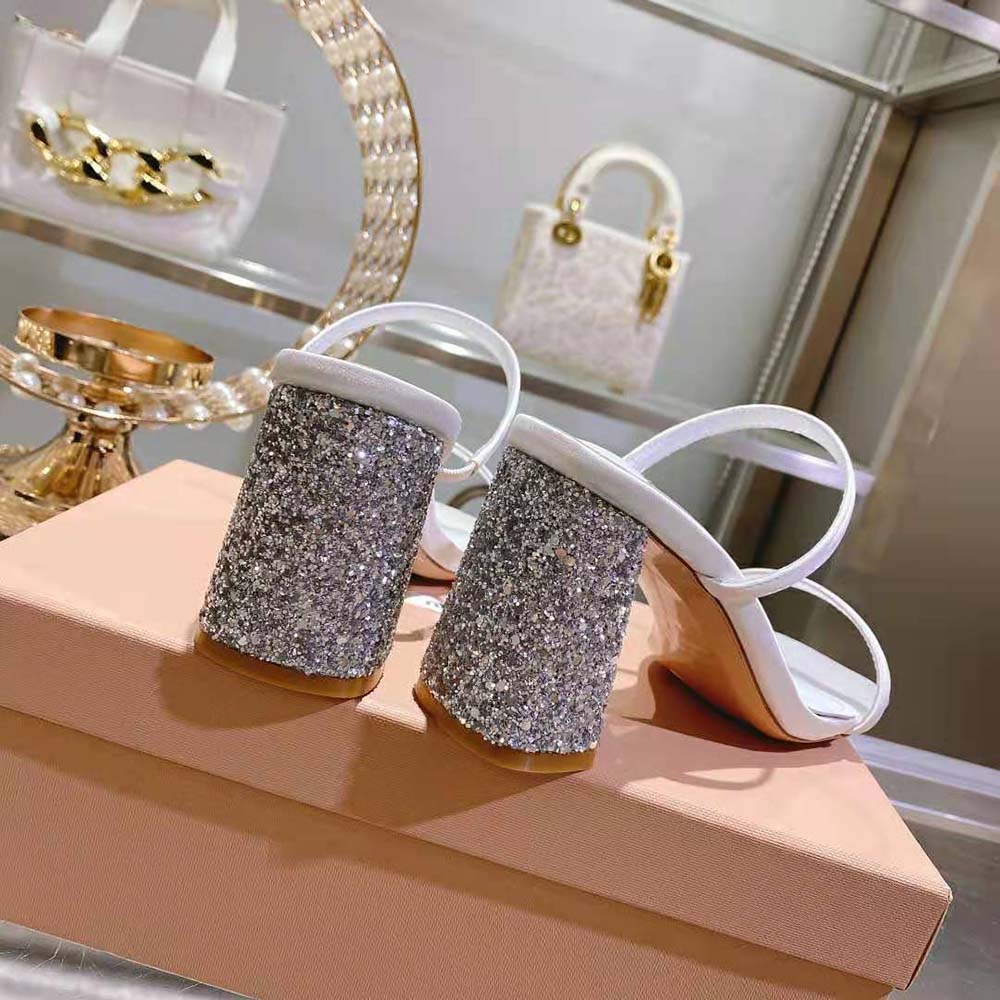 Miu Miu Women Satin and Glitter Slides in 85 mm Heel Height-White - image 9