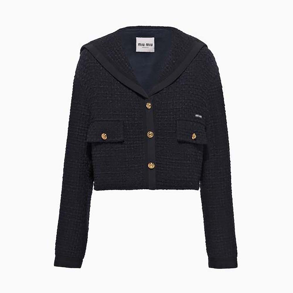 Front view of Miu Miu Women Single-Breasted Tweed Jacket-Black on mannequin