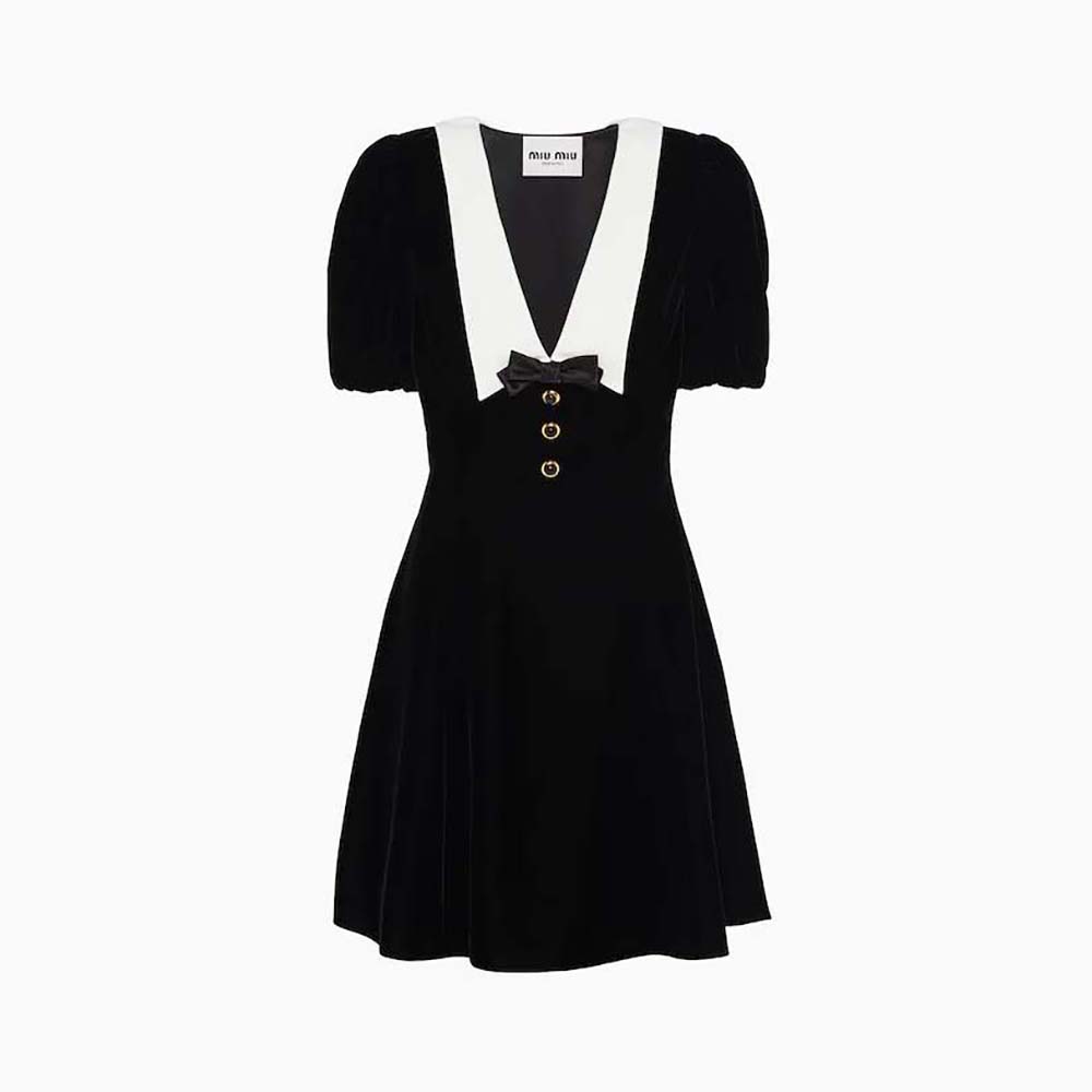 Front view of Miu Miu Women Velvet Mini Dress-Black on model