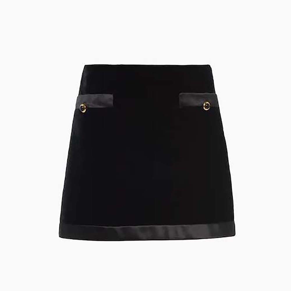 Front view of Miu Miu Women Velvet Miniskirt with Knit Logo Label-Black