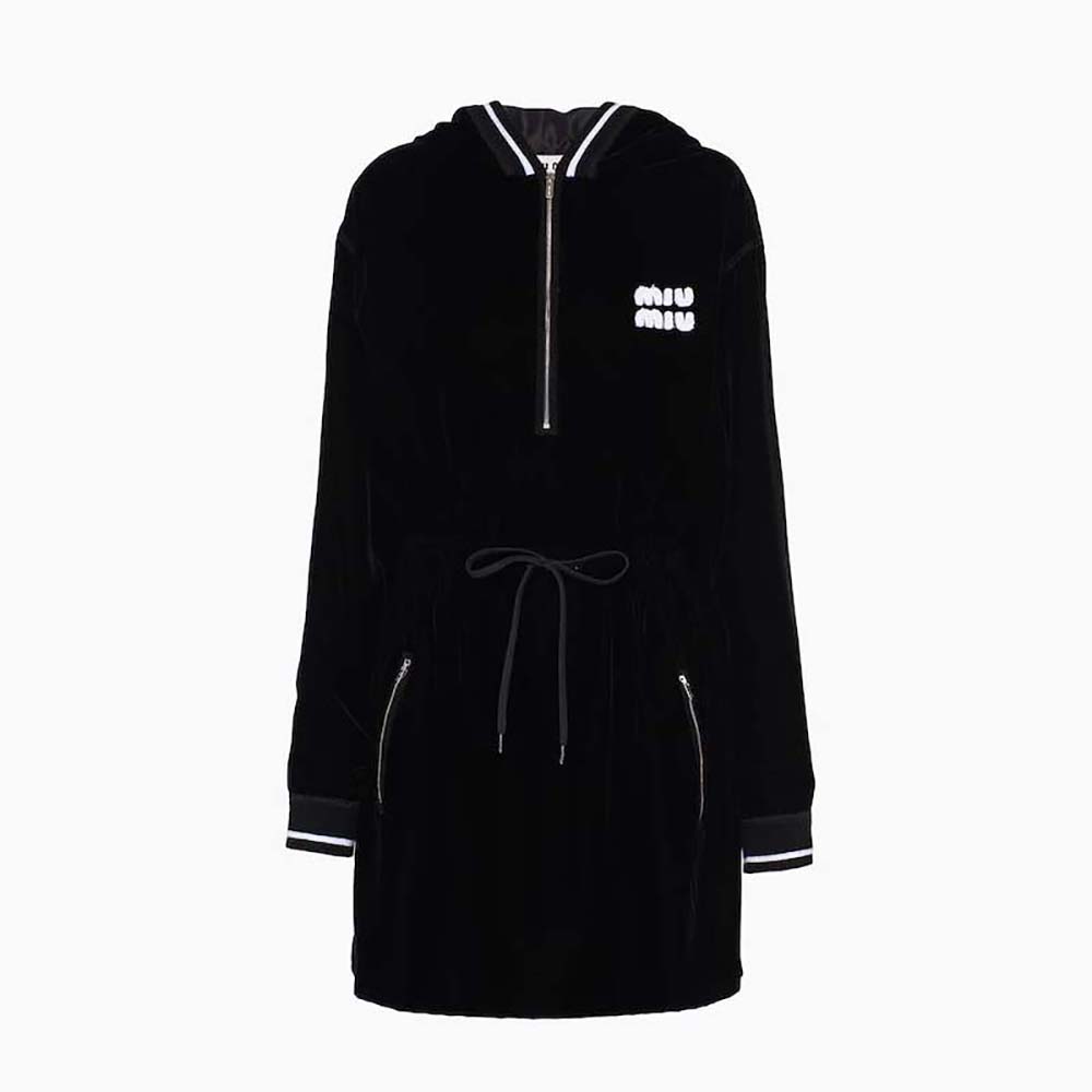 Front view of Miu Miu Women Velvet Short Dress with Signature Embroidered Logo-Black