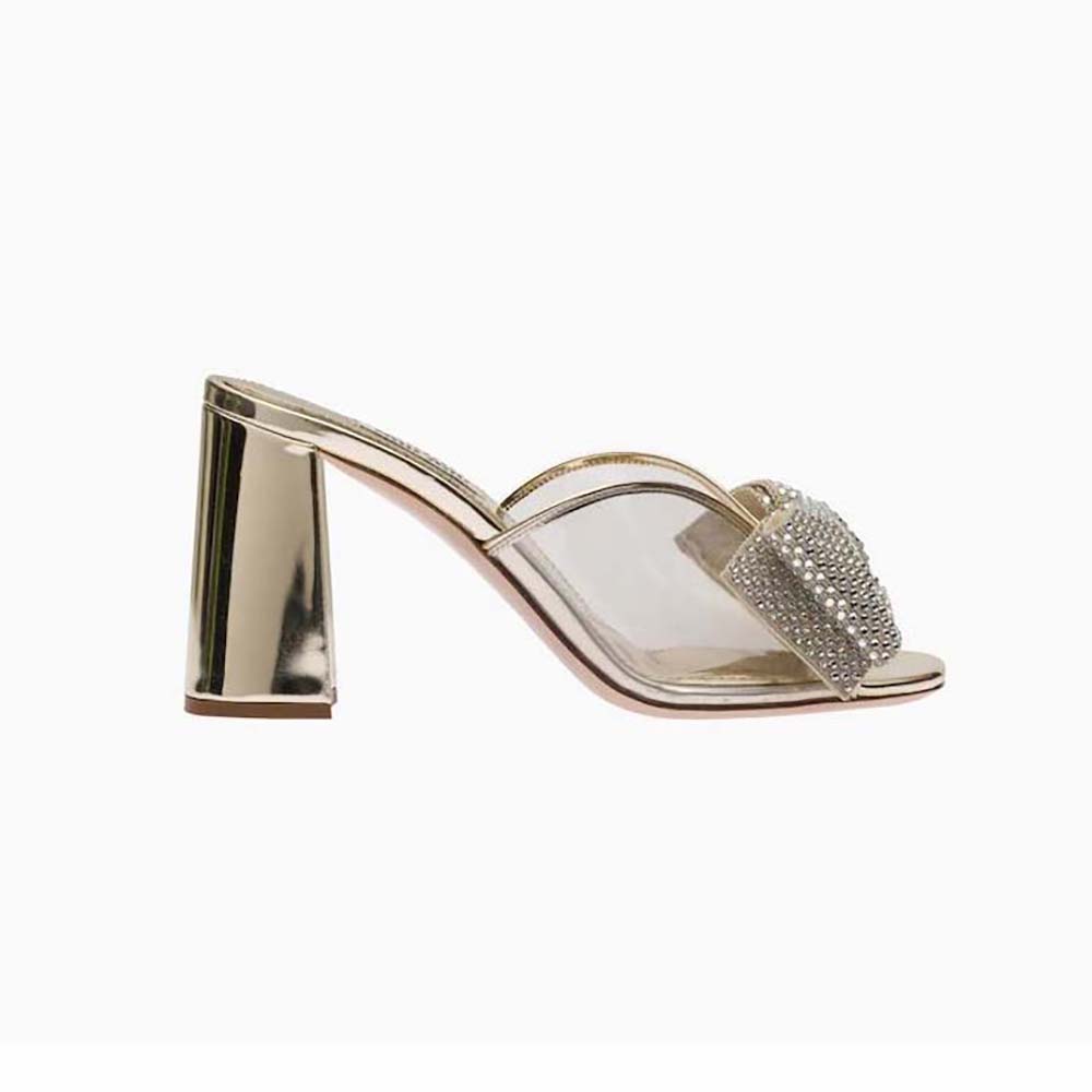 Side view of Miu Miu Women Vinyl and Metallic Leather Sandals with Crystals in gold