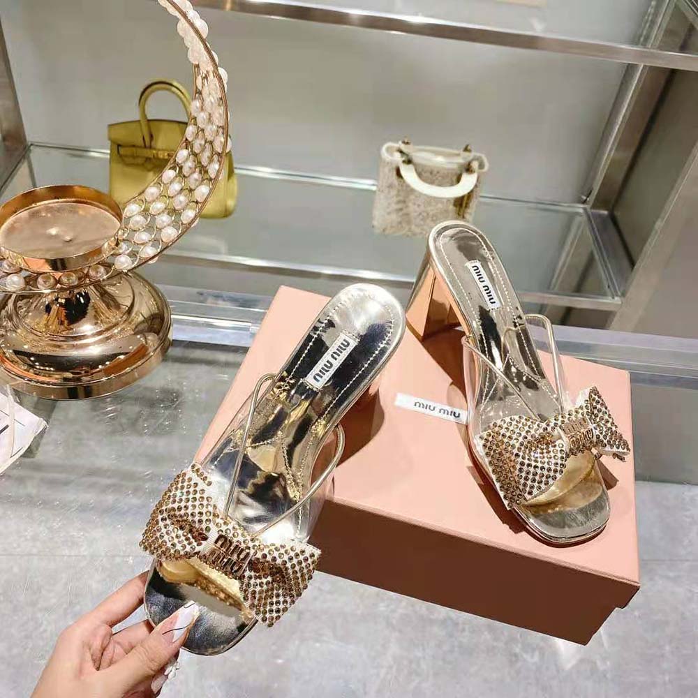 Miu Miu Women Vinyl and Metallic Leather Sandals with Crystals - image 6