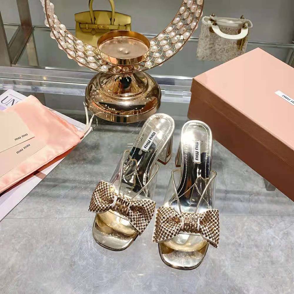 Close-up of crystal embellishments on Miu Miu Women Vinyl and Metallic Leather Sandals