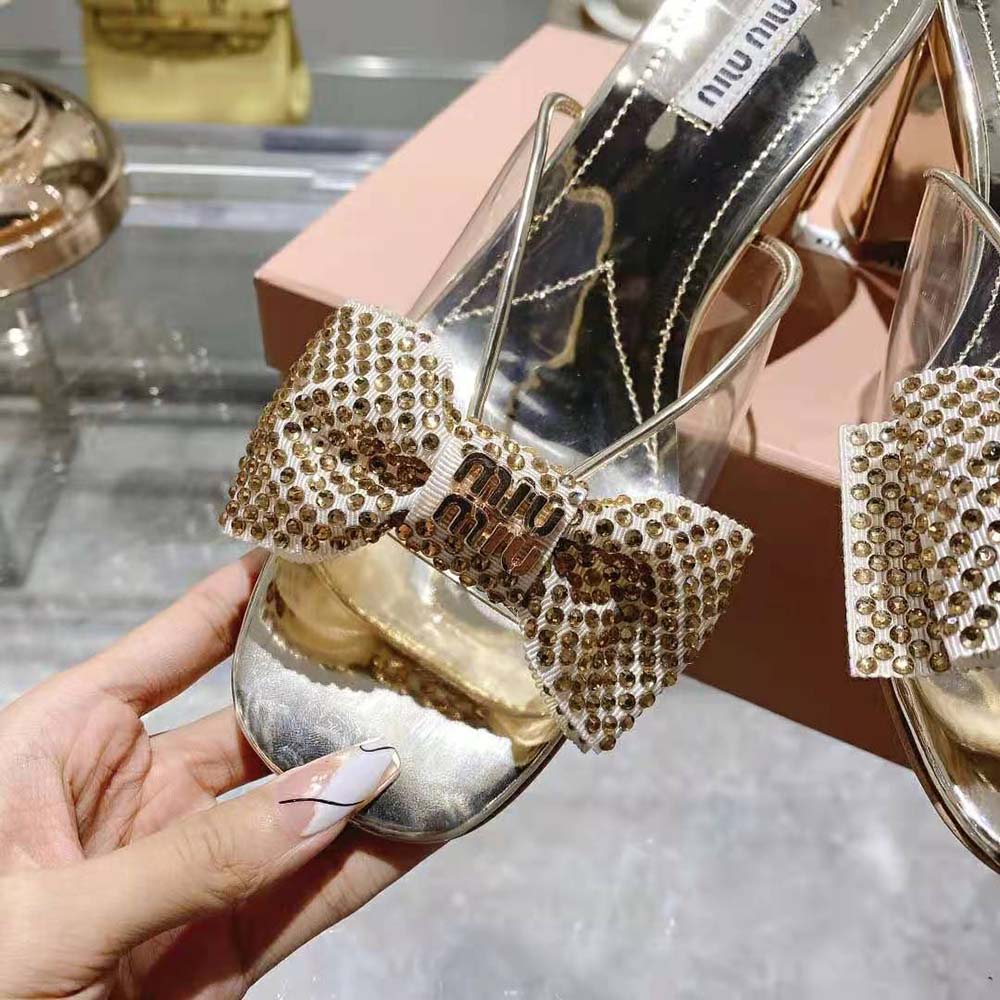 Miu Miu Women Vinyl and Metallic Leather Sandals with Crystals - image 8