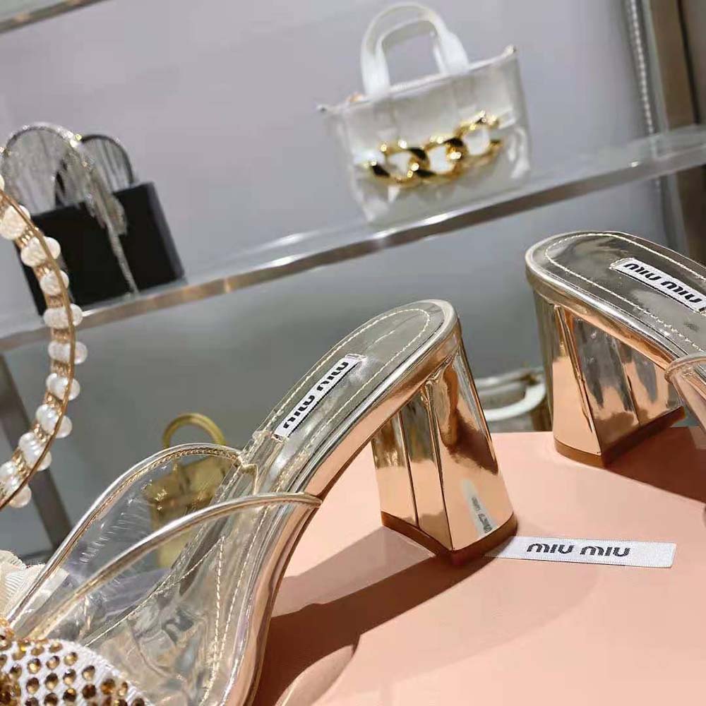 Miu Miu Women Vinyl and Metallic Leather Sandals with Crystals - image 9