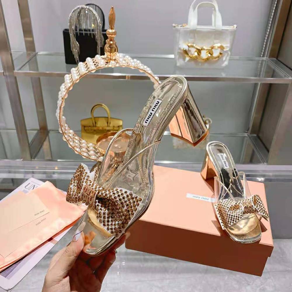 Miu Miu Women Vinyl and Metallic Leather Sandals with Crystals - image 7