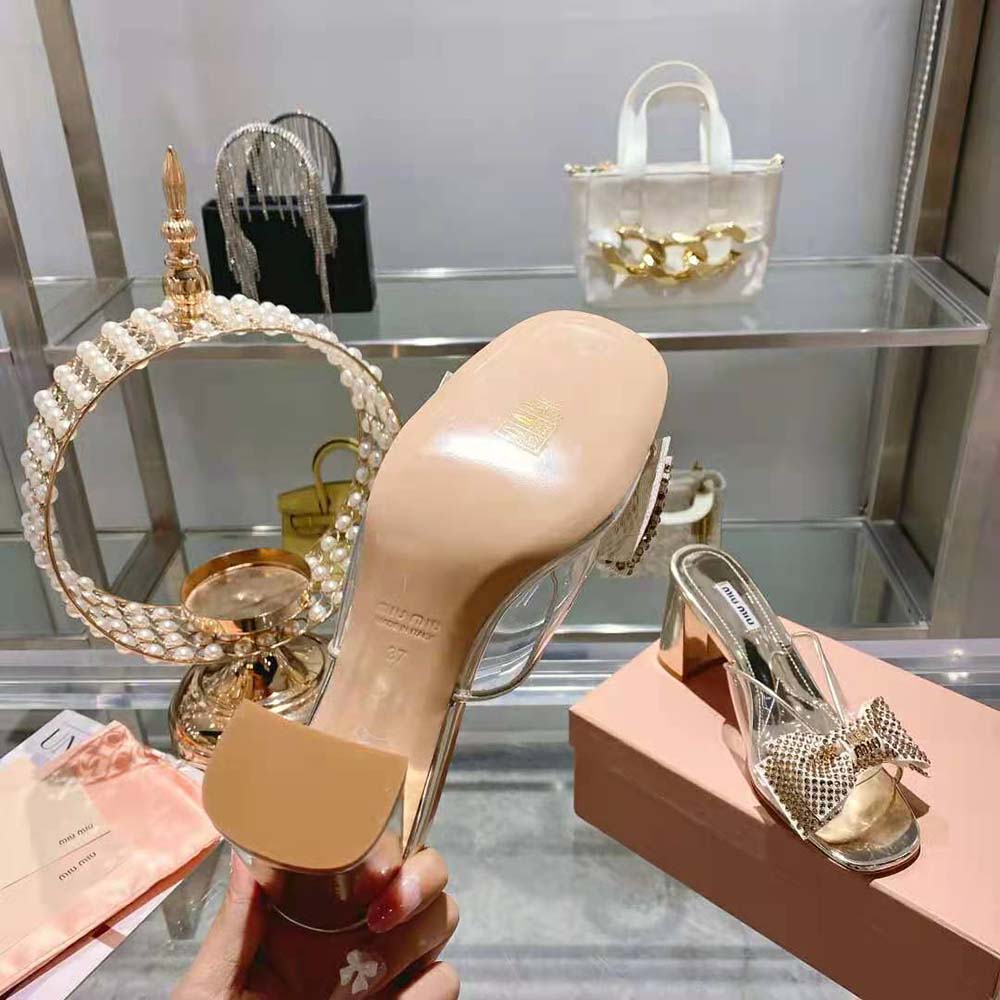Miu Miu Women Vinyl and Metallic Leather Sandals with Crystals - image 10