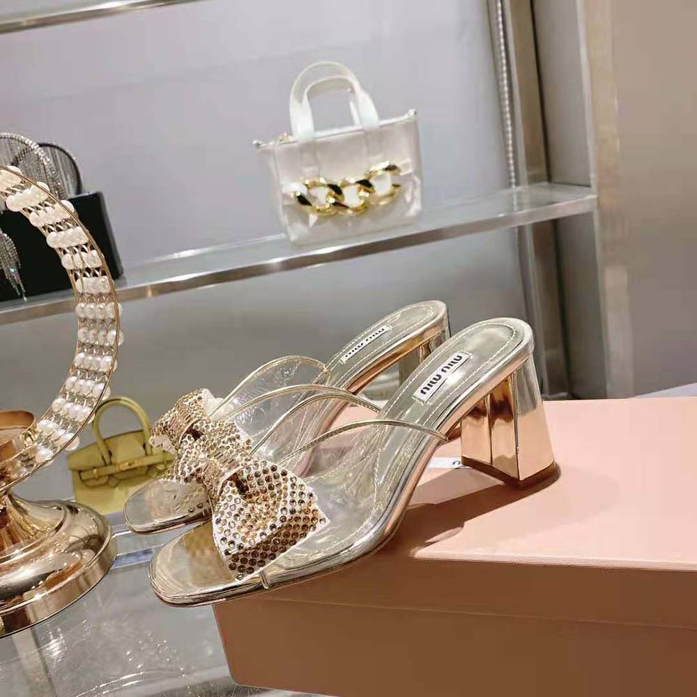 Miu Miu Women Vinyl and Metallic Leather Sandals with Crystals - image 4