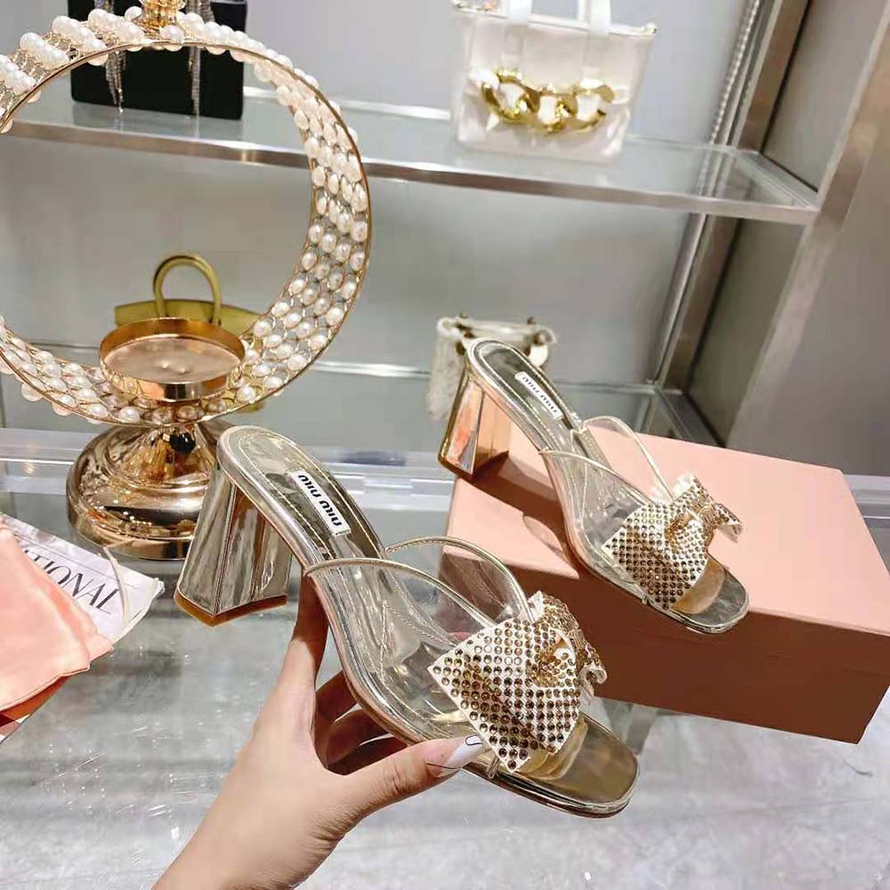 Miu Miu Women Vinyl and Metallic Leather Sandals with Crystals - image 5
