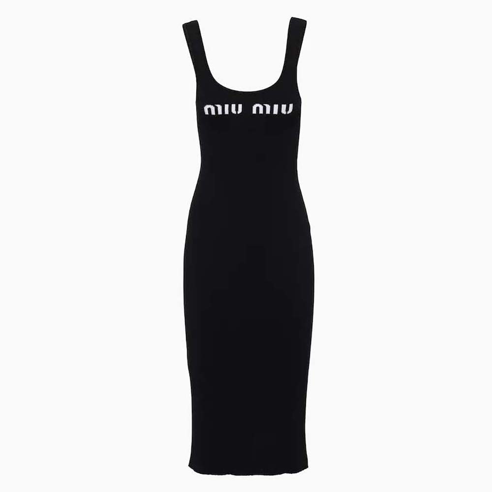 Front view of Miu Miu Women Viscose Dress with Intarsia Logo-Black