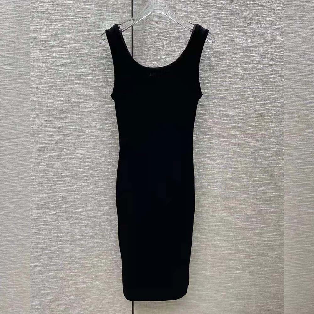 Side angle showing fitted silhouette of Miu Miu viscose dress
