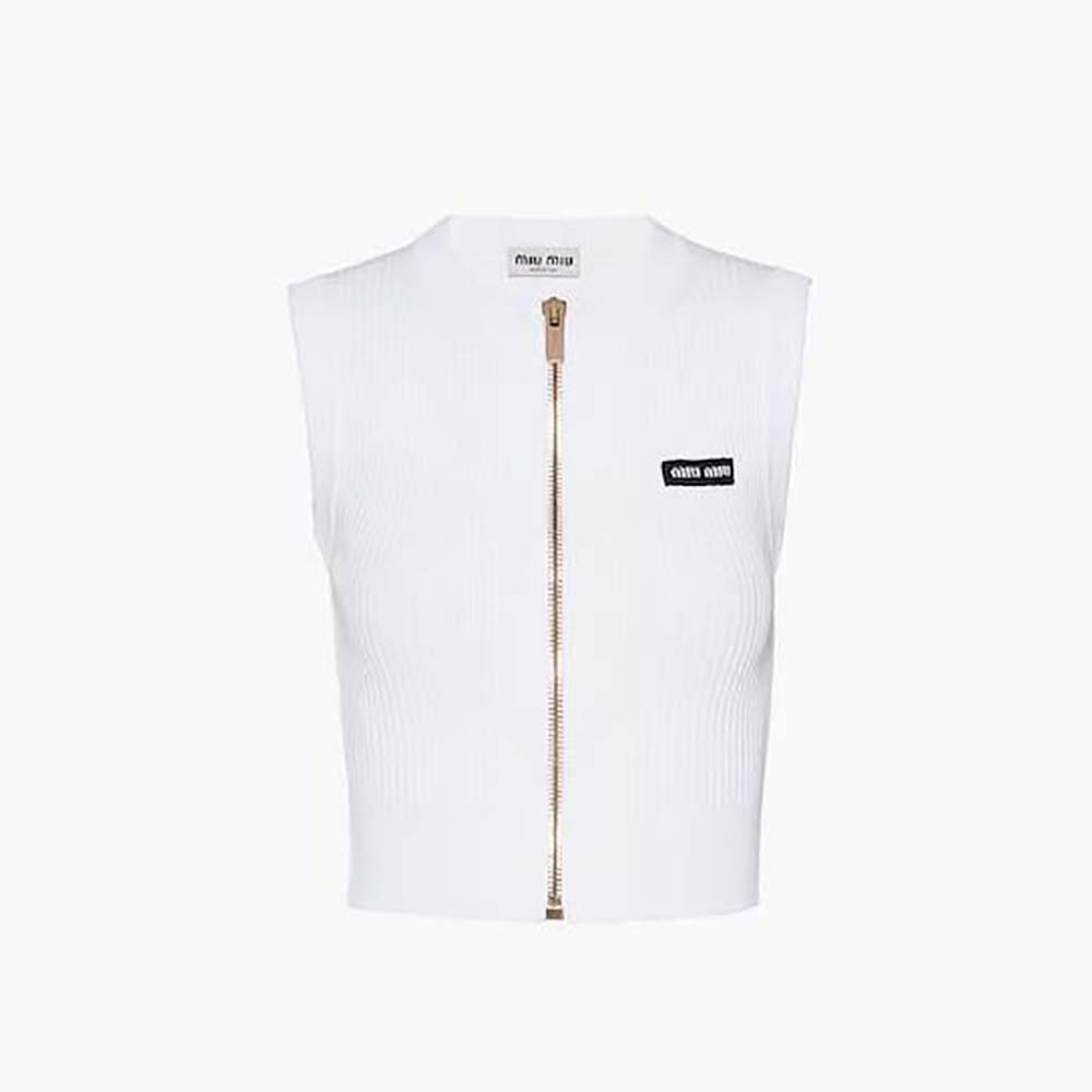 Front view of Miu Miu Women Viscose Knit Top with Knit Logo Patch
