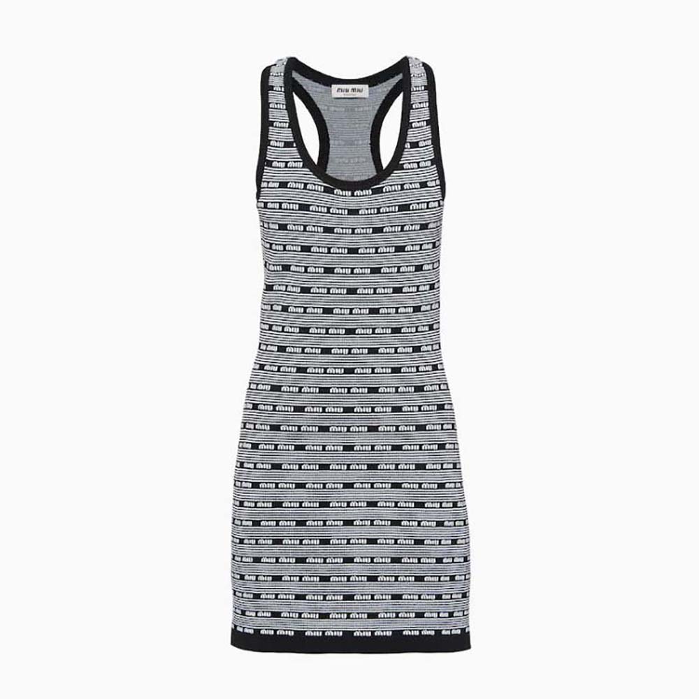 Front view of Miu Miu Women Viscose Mini-Dress with Jacquard Logo in black