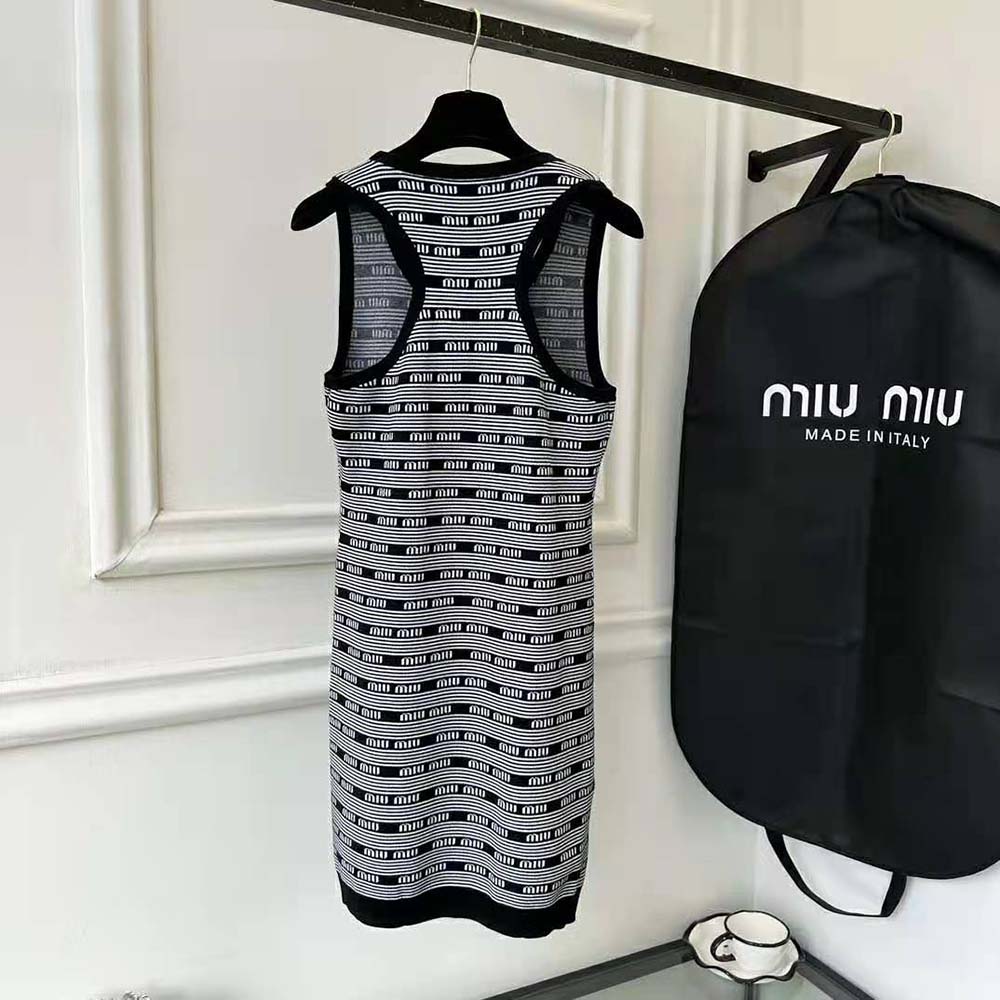 Side angle showing silhouette of Miu Miu Women Viscose Mini-Dress with Jacquard Logo