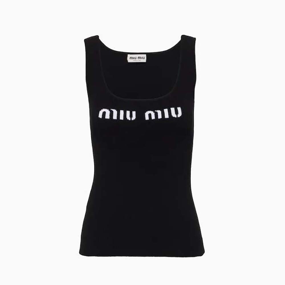 Front view of Miu Miu Women Viscose Tank Top with Intarsia Logo-Black