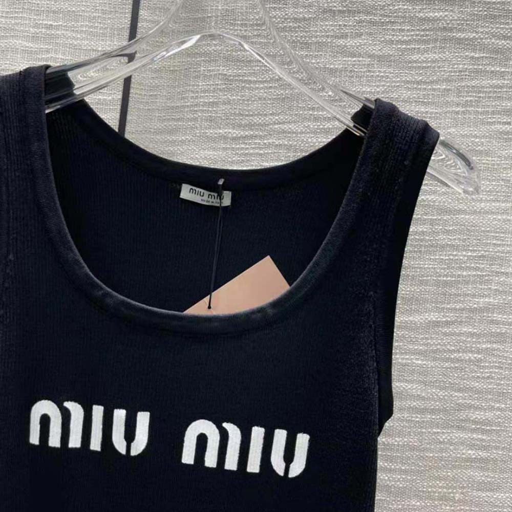 Miu Miu Women Viscose Tank Top with Intarsia Logo-Black - image 6