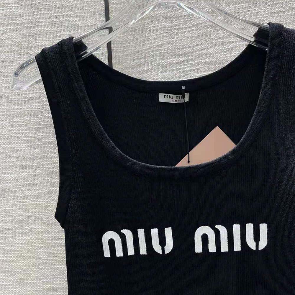 Miu Miu Women Viscose Tank Top with Intarsia Logo-Black - image 5