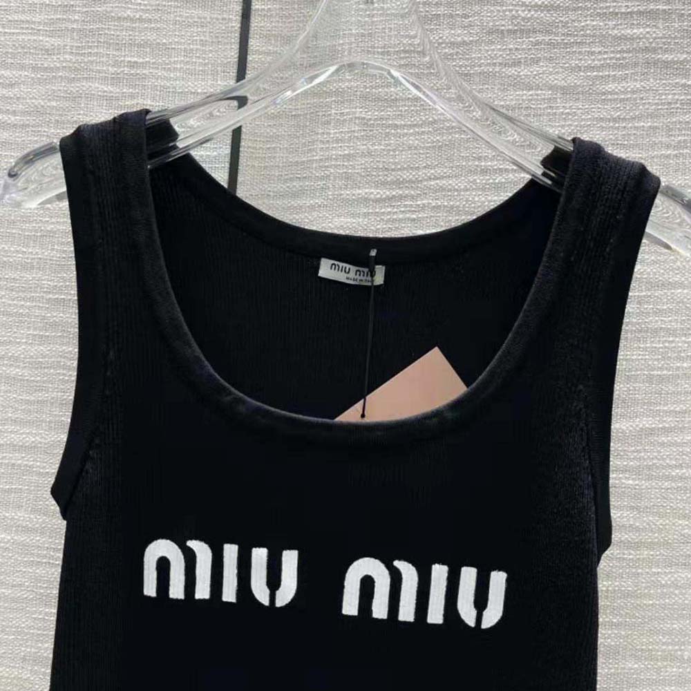 Miu Miu Women Viscose Tank Top with Intarsia Logo-Black - image 4