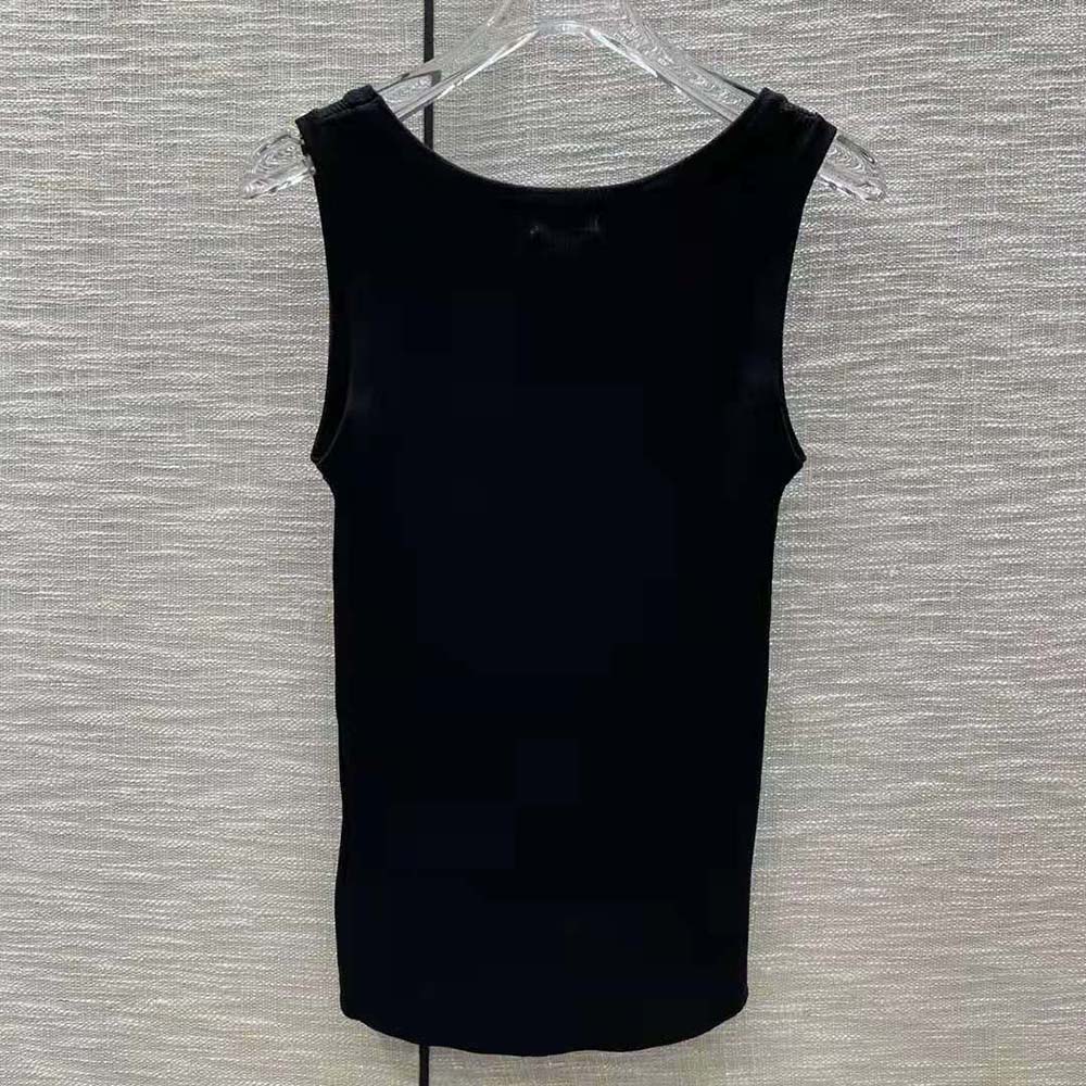 Side profile highlighting slim silhouette of Miu Miu viscose tank