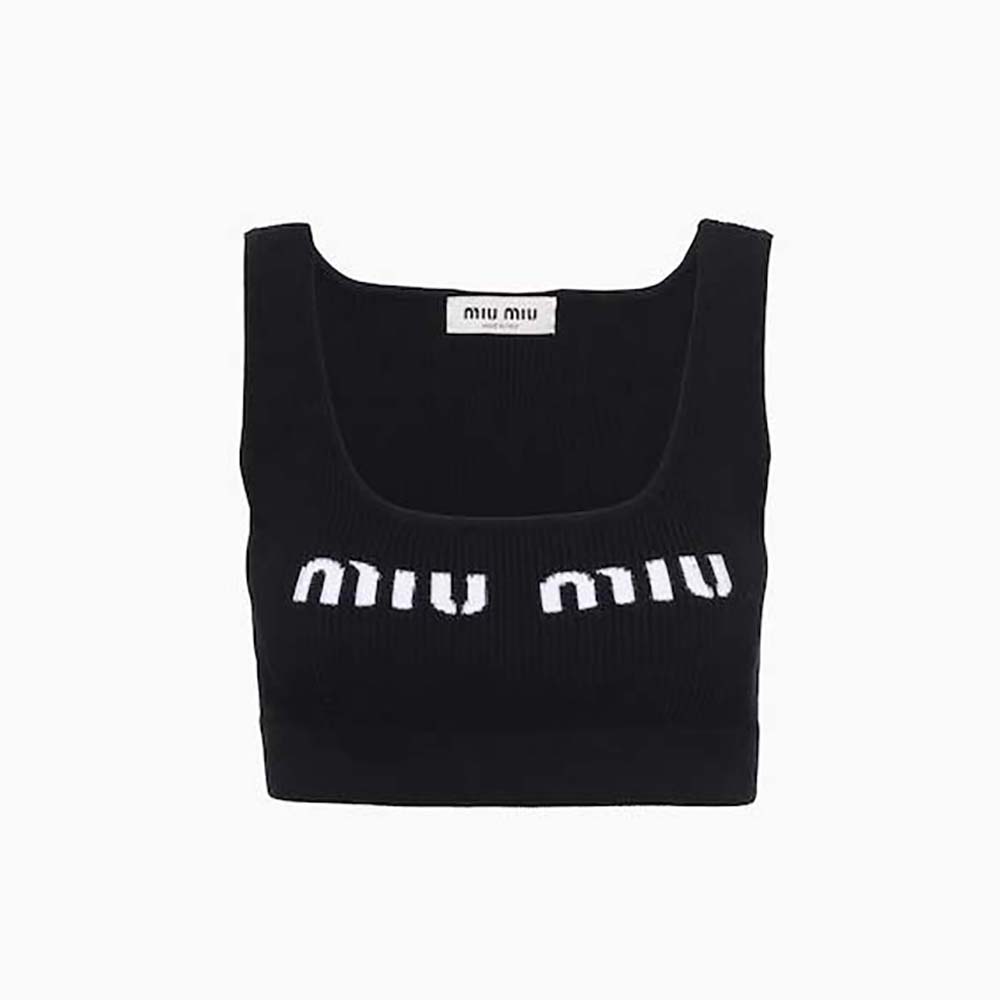 Front view of Miu Miu Women Viscose Top with Intarsia Logo-Black