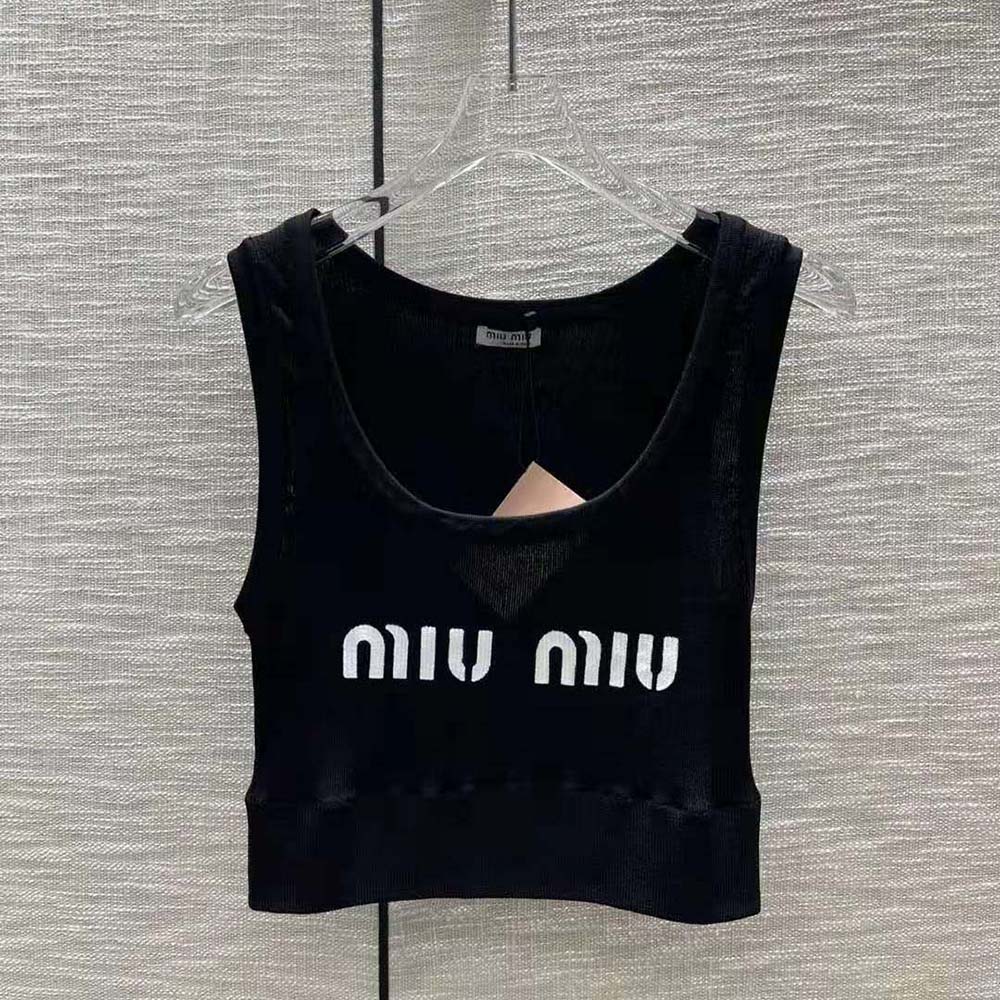 Close-up detail of intarsia logo on Miu Miu viscose top