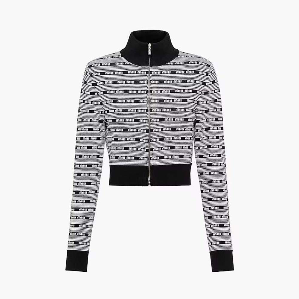 Front view of Miu Miu Women Viscose Turtleneck Cardigan with Jacquard Logo-Black